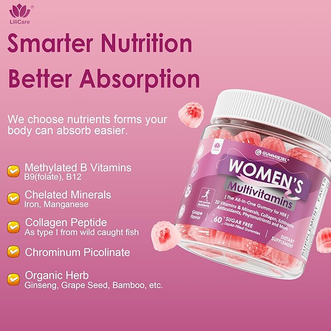 Womens Multivitamin Gummy, Methylated Multivitamin for Women, Biotin, Methylfolate, Iron, Collagen, Vitamins A C D, B Complex, Antioxidants for Women's Daily Support, Beauty, Immune, No Sugar, 60 Cts