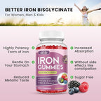 Iron Gummies with Multivitamin, Iron Supplement for Women & Men, Kids Multivitamin with Iron, Zinc, Vitamin B Complex & C, B12, Folate - Blood Builder, Energy Support, Peach Flavor, Vegan 120 Gummies
