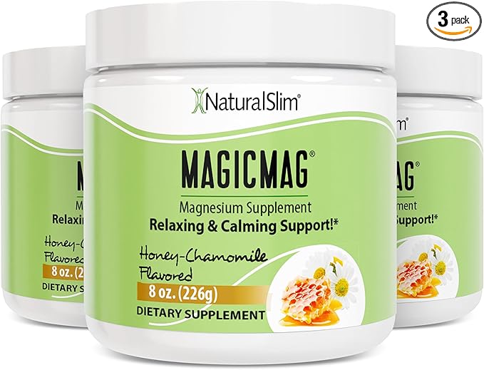 NaturalSlim Magicmag Pure Magnesium Citrate Powder Stress, Constipation, Muscle, Heart Health, and Sleep Support | Honey Chamomile Flavored Magnesium Supplement - 8oz Drink Mix (3 Pack)