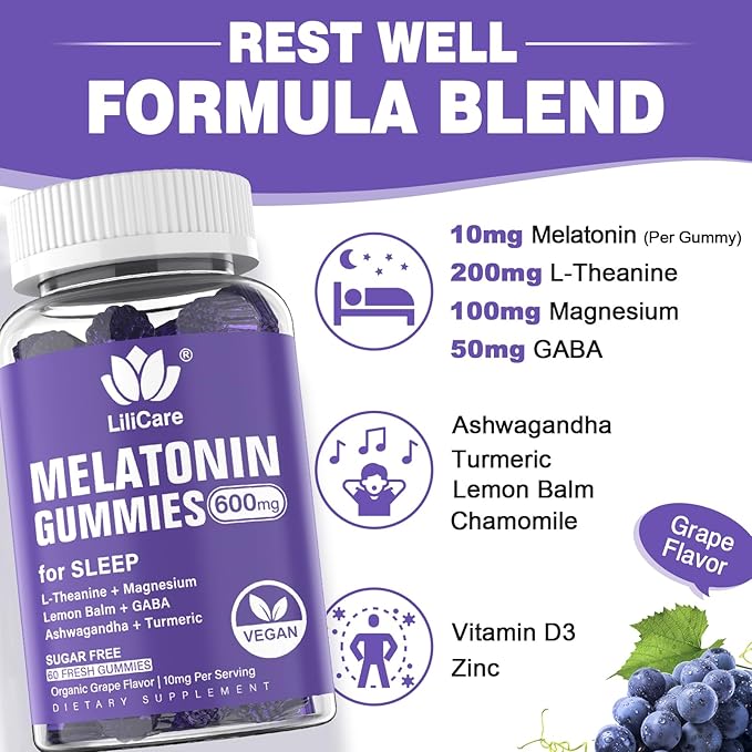 Melatonin Gummies 10mg 20mg for Adults Sugar Free, Extra Strength w/ L-Theanine, Ashwagandha, Magnesium, Turmeric, GABA, Lemon Balm and Chamomile for Healthy Circadian Rhythm, Vegan Grape Flavor, 60ct