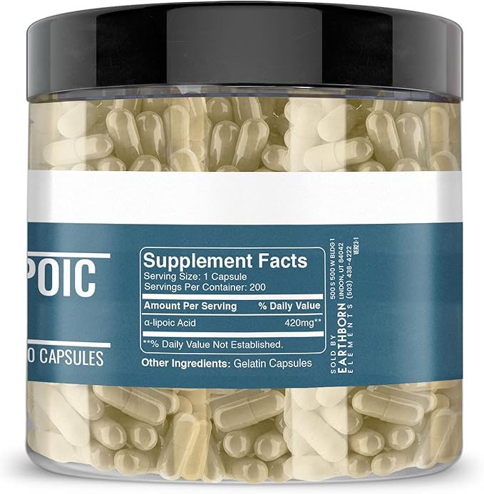 Earthborn Elements Alpha-Lipoic Acid 200 Capsules, Pure & Undiluted, No Additives