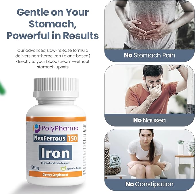 Polysaccharide Iron Complex 150mg for Anemia Support - Prevention & Treatment of Iron Deficiency, Supports Red Blood Cells Formation, Gentle on the Stomach, High Potency, USA-Made, 100 Capsules