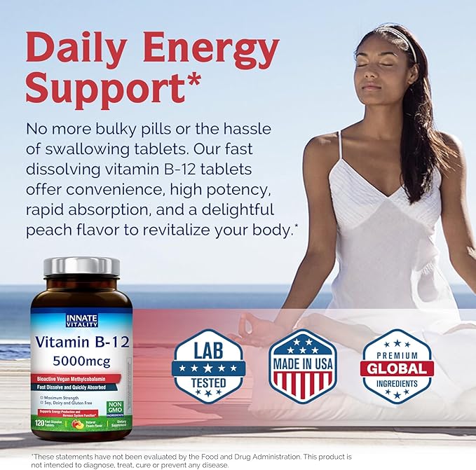 Innate Vitality Vitamin B12 5000mcg, Sublingual, Vegan Methylcobalamin, Fast Dissolve Tablets, Natural Peach Flavor, Supports Energy Production & Healthy Nervous System, 120 Tablets