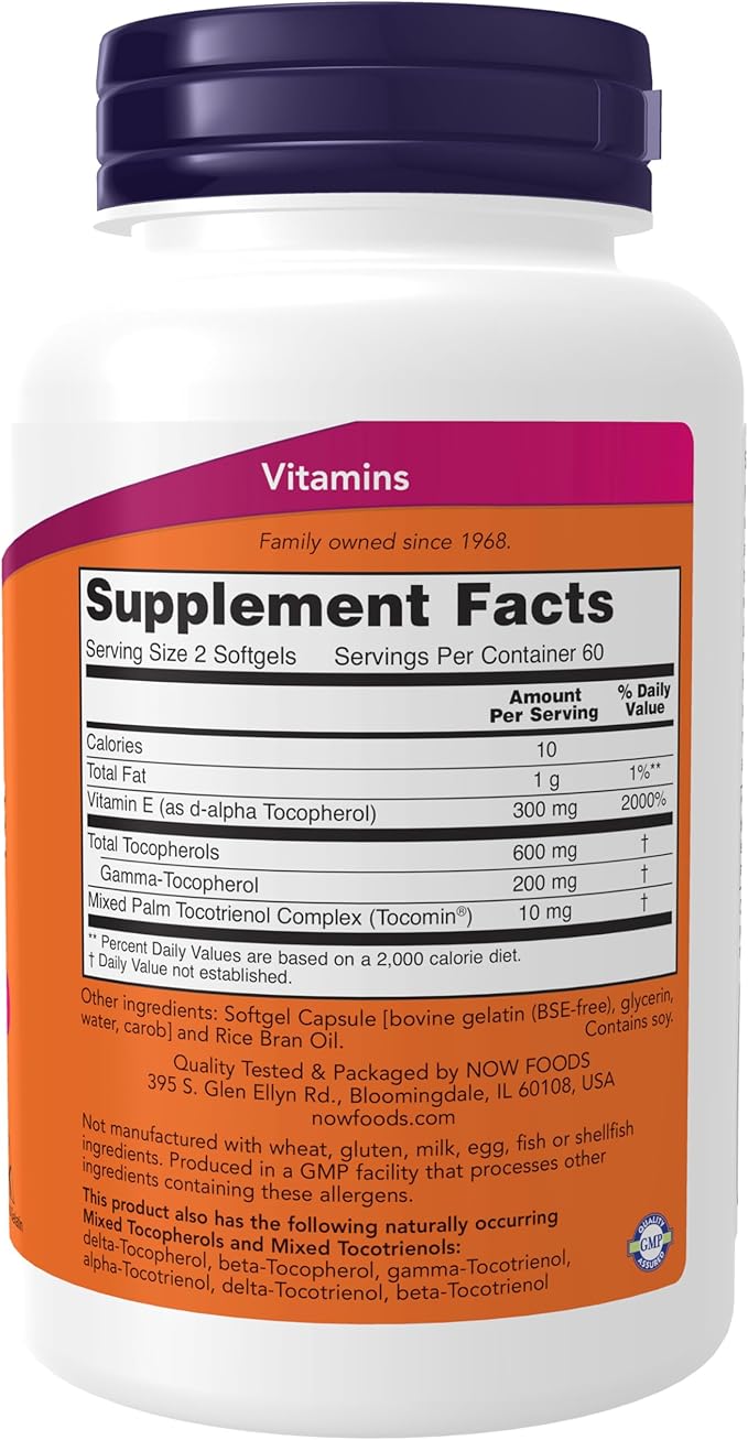 Now Supplements,Advanced Gamma E Complex,Mixed Tocopherols & Tocotrienols,Antioxidant Protection*,120 Softgels,(Pack of 2)