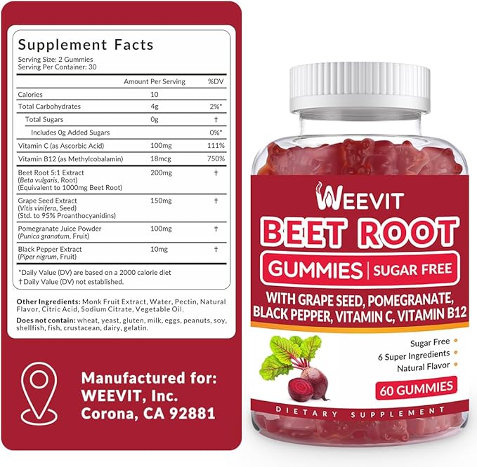 Beet Root Gummies, Nitric Oxide Supplement for Men Women | Organic Beet Gummy with Grape Seed, Pomegranate, Black Pepper, Vitamin C, B12