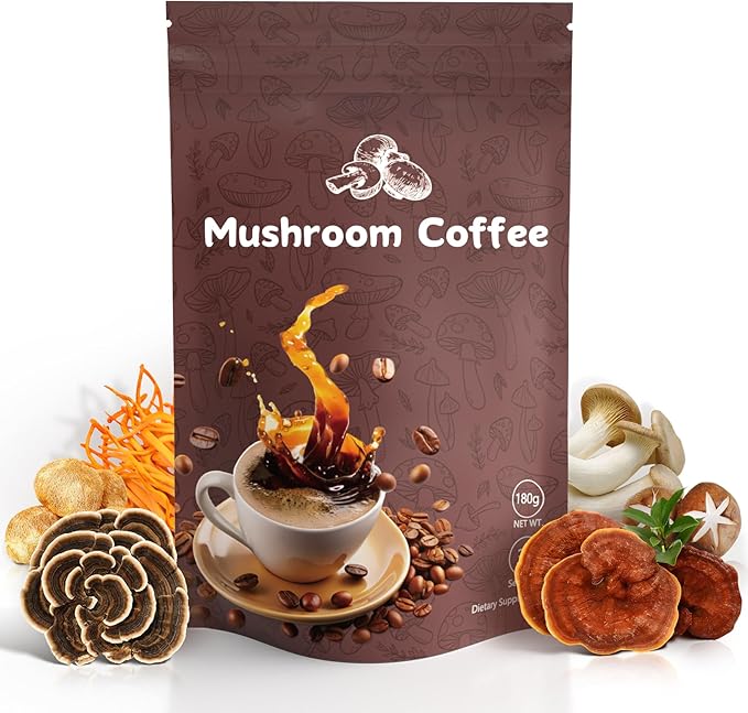 Mushroom Coffee - 6 in 1 AdaptogenicMushroom Blend with Ashwagandha KSM-66 & L-Theanine Instant Mushrooms Coffee for Boost Energy, Focus & Digestion Sugar-Free