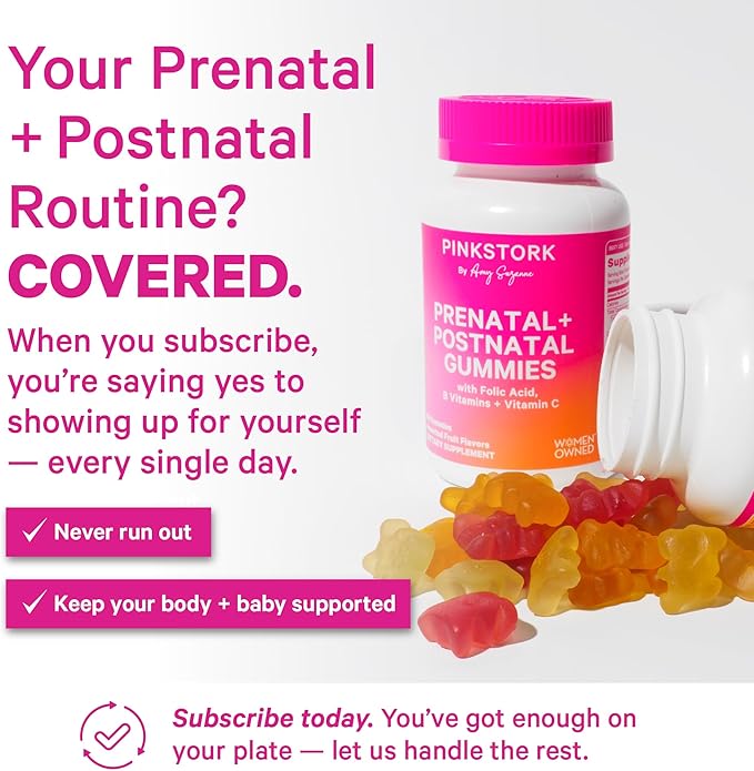 Pink Stork Fertility + Prenatal + Postnatal Gummy Vitamins – Full Motherhood Journey Support – Multivitamin with Folate, B Vitamins, Zinc & Biotin – Postpartum Essentials - 60 Assorted Fruit Gummies