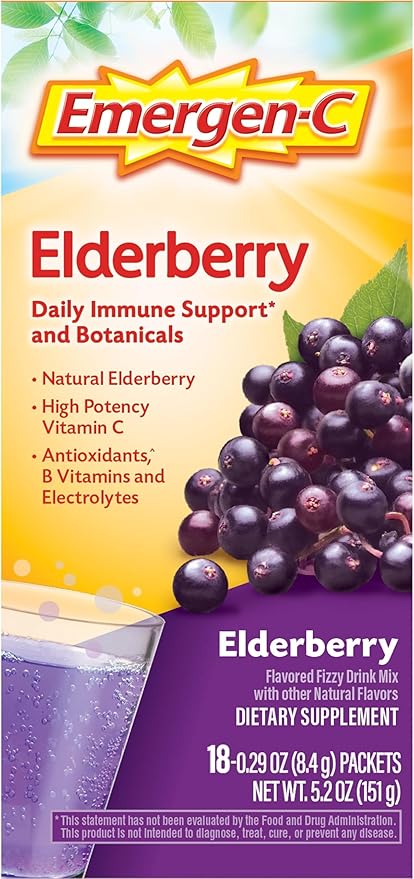Emergen-C Elderberry Fizzy Drink Mix, Elderberry Immune Support, Natural Flavors, With High Potency Vitamin C, 18 Count