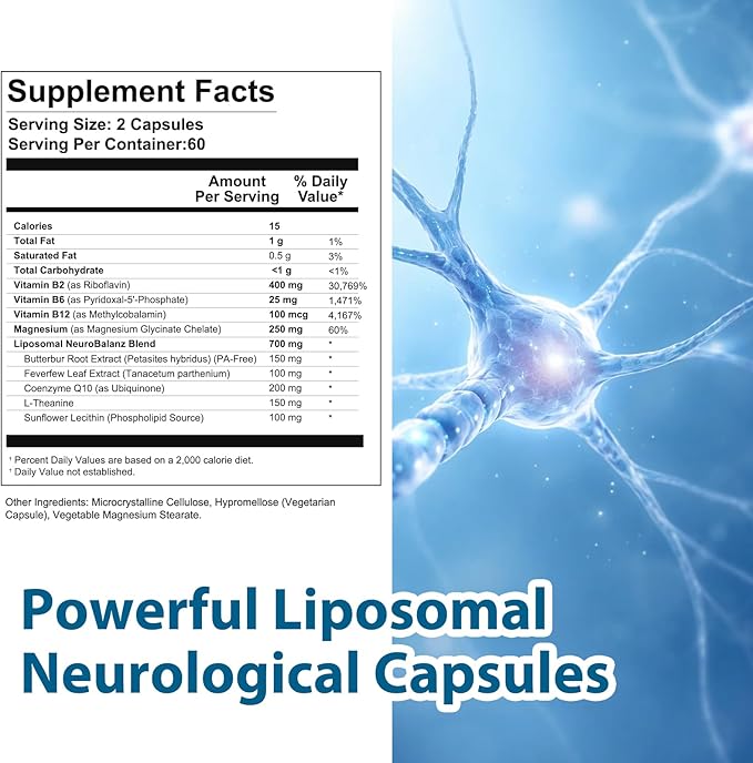 Migraine Relief Supplement | 120 Capsules Liposomal Neurological Health Formula with Magnesium Glycinate, Riboflavin (Vitamin B2) & Feverfew | Daily Brain Function