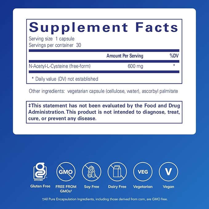 Pure Encapsulations NAC 600 mg - N-Acetyl Cysteine NAC Supplement for Lung Health & Immune Support, Liver Support & Antioxidants* - with Freeform N-Acetyl-L-Cysteine - 30 Capsules