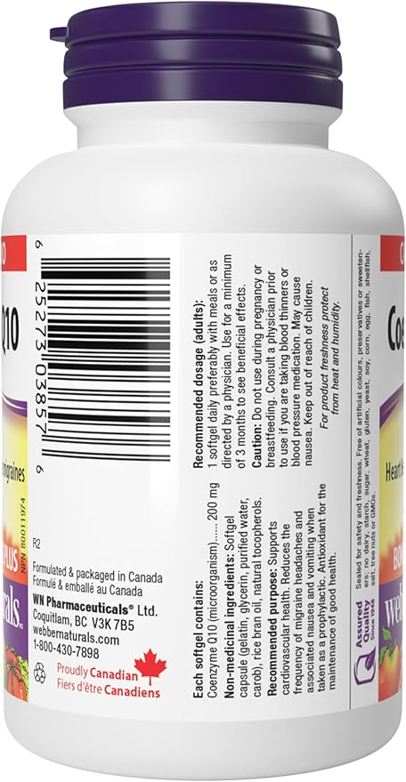 Webber Naturals Coenzyme Q10 (CoQ10) 200 mg, 60 Softgels, High Potency Antioxidant Supplement for Heart Health and Cellular Energy Production, 60 Day Supply, Gluten Free