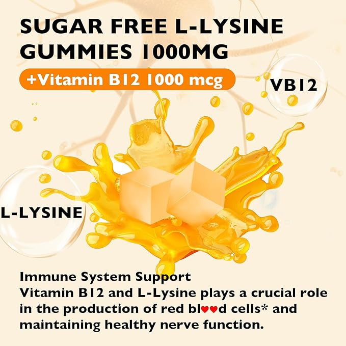 L-Lysine Gummies 1000mg - L-Lysine Supplements for Kids and Adults - Lip and Cold Sore* Support for Women - Chewable Lysine Gummies with Vitamin B12 - Vegan, Non GMO, Gluten-Free, 120 Counts
