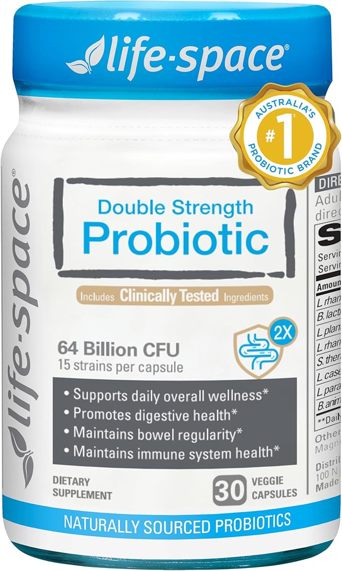 Life-Space Double Strength Broad Spectrum Probiotic, 64 Billion CFU & 15 Diverse Strains, Redouble Formulated for Digestive Health & Immune Health, Probiotics for Women & Men - 30 Veg Capsules