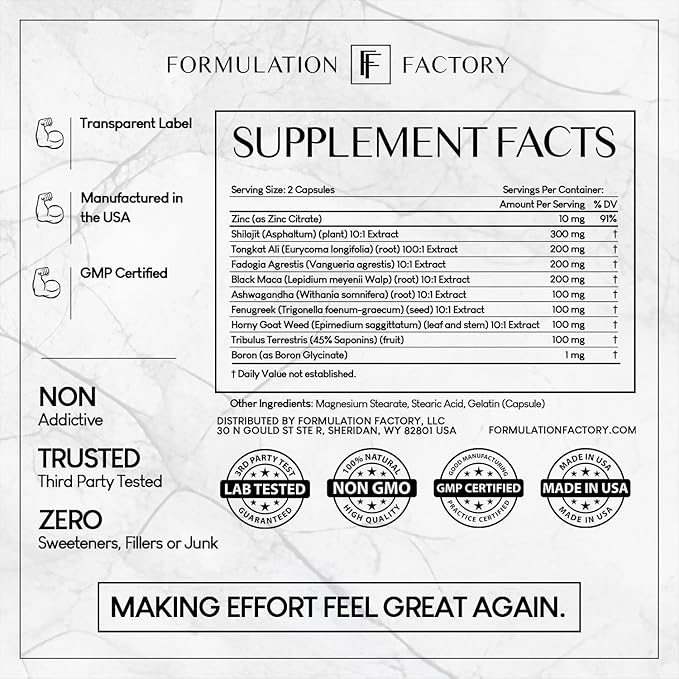 Formulation Factory Self Obsessed Starter Vitality Complex with Shilajit, Tongkat Ali & Ashwagandha - Foundational Male Enhancement - 180 Capsules, 3 Month Supply