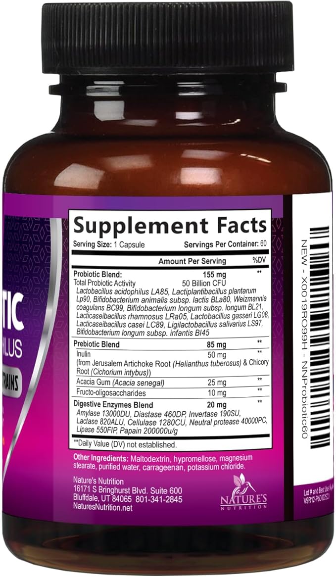 Probiotics for Digestive Gut Health - 50 Billion CFU Per Capsule, 10 Premium Strains & Prebiotics - Best Probiotics for Women & Men, Occasional Constipation, Gas, Immune Health Support - 60 Capsules