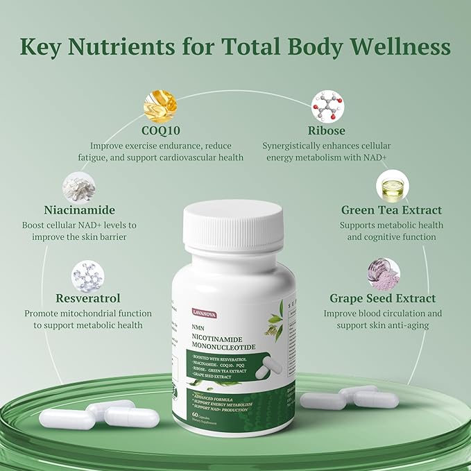 NMN Supplement 500mg, Supports NAD+ Levels & Cellular Energy, Anti-Aging & Longevity, with NMN (Nicotinamide Mononucleotide), Resveratrol and Niacinamide, 60 Veggie Capsules for Women & Men, Daily Use