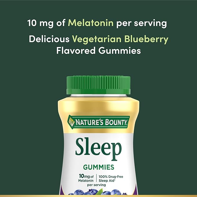 Nature’s Bounty 10 mg Melatonin Gummy, 100% Drug Free Sleep Supplement, 10 mg, Blueberry, 140 Ct