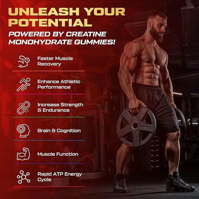 Creatine Monohydrate Gummies for Men & Women, 9000MG Creatine Gummies Sugar Free with L-Taurine, BCAA 2:1, B12 B6 for Boost Strength, Focus & Endurance, Vegan, Non-GMO, Strawberry, 120pcs