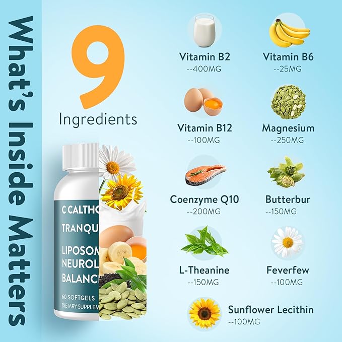 Migraine Relief Supplement – Liposomal Riboflavin, Vitamin B2 B6 & B12, Magnesium, CoQ10, L-Theanine, PA-Free Butterbur & Feverfew – Natural Head & Nerve – 60 Softgels