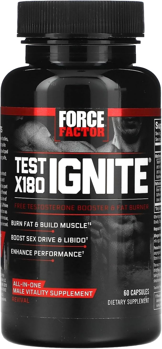 Force Factor Test X180 Ignite Total Testosterone Booster for Men with Fenugreek Seed and Green Tea Extract to Build Lean Muscle, Boost Energy, and Improve Performance, 60 Count