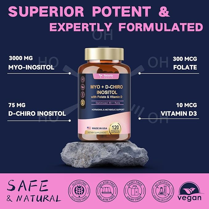 Totaria Inositol Supplement for Women with Vitamin D3, Folate, 40:1 Ratio Myo-Inositol & D-Chiro Inositol Complex, (Vitamin B8) Inositol Capsules, Pack of 2