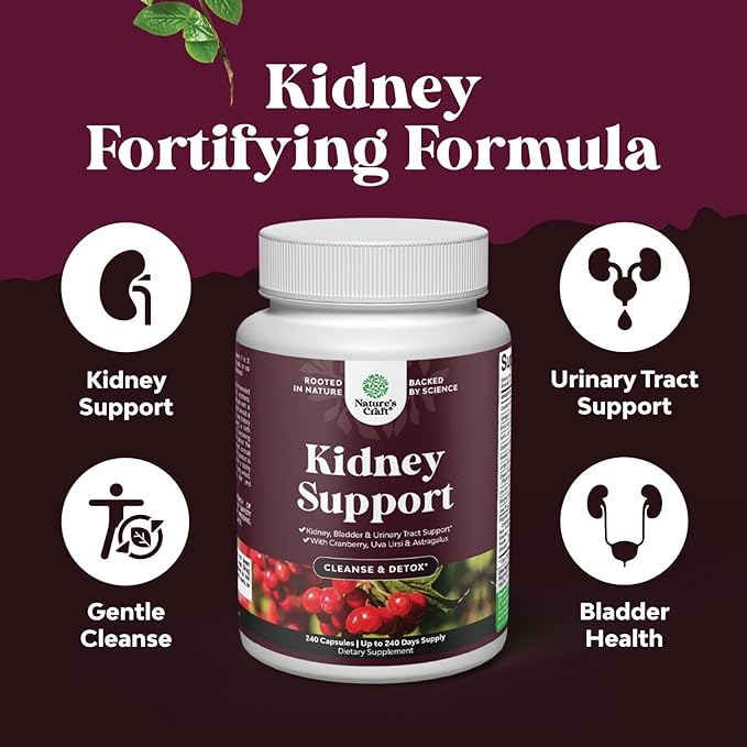 Advanced Kidney Support Supplement - Kidney Cleanse Detox & Repair Cranberry Extract Capsules with Uva Ursi, Stinging Nettle & Astragalus for Kidney Health - Urinary Tract Health - 240 Count