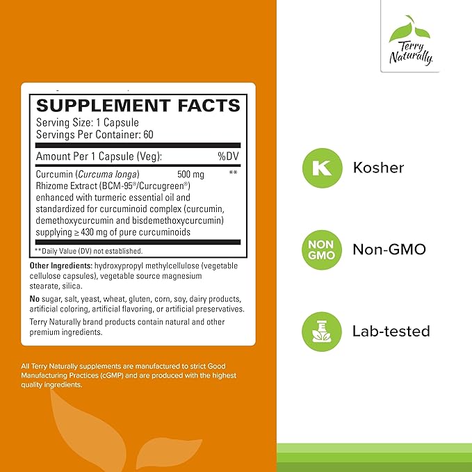 Terry Naturally CuraMed 500mg - Antioxidant Supplement for Brain & Immune Health Support - Supplement with Curcumin & Turmeric Essential Oil - Herbal Liver Support - 60 Capsules