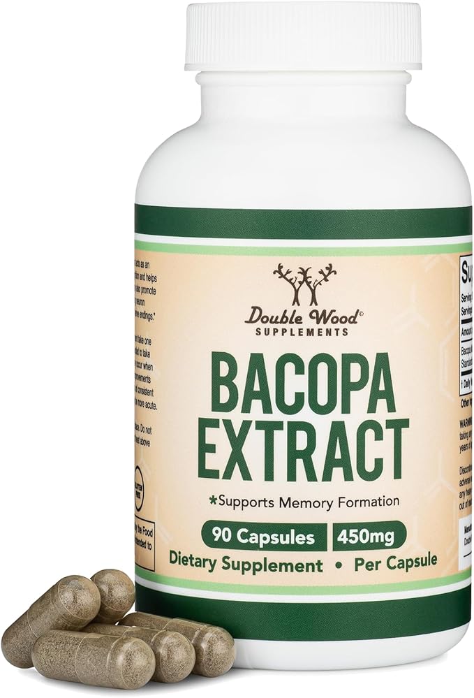 Bacopa Monnieri Capsules 20% Bacosides 450mg, 90 Count (Non-GMO, Gluten Free) Brahmi Extract (Memory Supplement for Brain Health, Focus, and Cognitive Function) by Double Wood