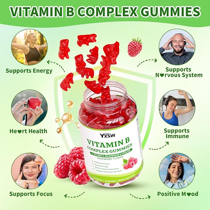 Vitamin B Complex Gummies for Women & Men - Vitamin B12, B1, B2, B3, B5 & B6 -B Complex Vitamin Supplements with Vitamin C,Magnesium & Choline, Raspberry Flavor, 120 Count