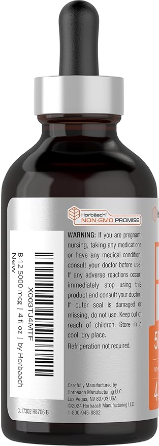 Horbaach B12 Vitamin 5000 mcg Sublingual | 4 Fl Oz | as Methylcobalamin and Cyanocobalamin | Liquid Vegetarian Drops | Berry Flavor | Non-GMO & Gluten Free Supplement