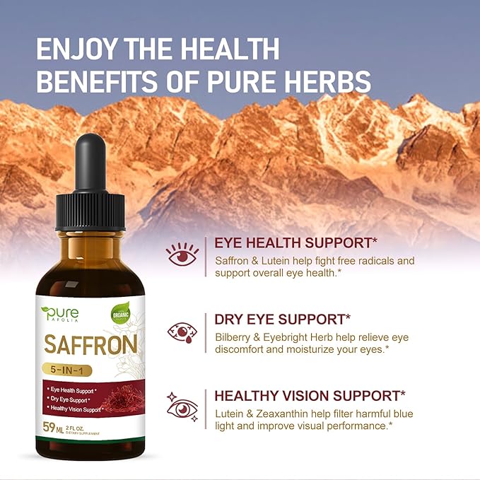 Saffron Extract Drops for Eye Health, 5-in-1 Herbal Supplement Liquid Tincture for Healthy Vision & Dry Eye Support with Bilberry Lutein Zeaxanthin. 2 oz