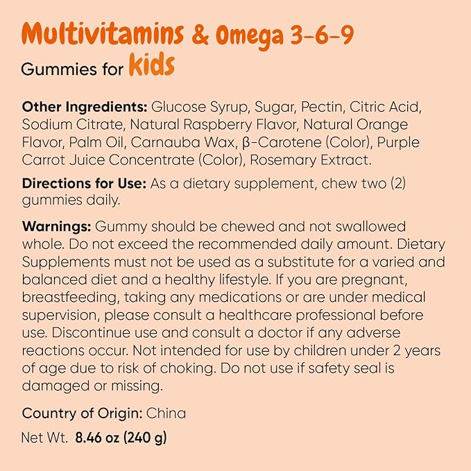 maxmedix Kids Multivitamin Gummies with Omega 3 6 9 | 20 Key Vitamins C, A, D, E, B12 & Zinc - Daily Multivitamin for kids Healthy Immune System, Raspberry & Orange Flavors, 2-Month Supply (120 Count)