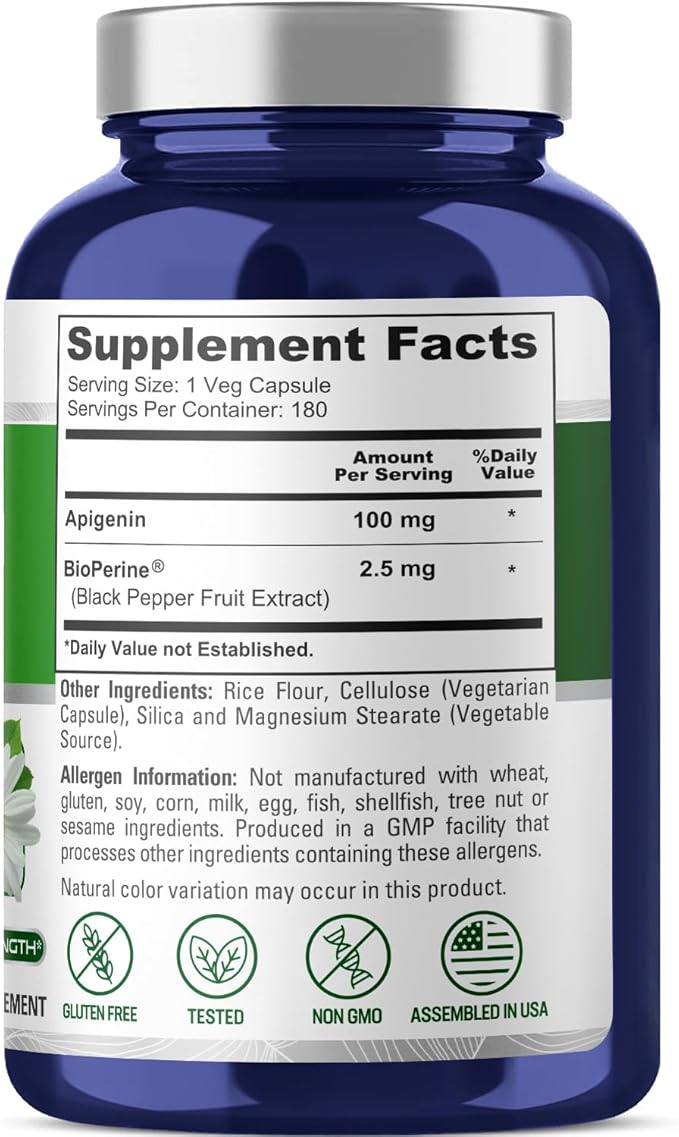 NusaPure Apigenin 100 mg per Capsule 180 Vcaps - Bioperine (Non-GMO, Gluten Free)