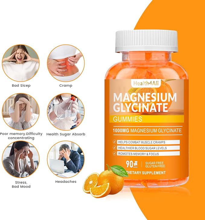 Magnesium Glycinate Gummies 1000mg, High Absorption Sugar Free Magnesium Potassium Supplement for Relaxation, Stress Relief, and Sleep Support for Adults & Kids - 180 Orange Gummies