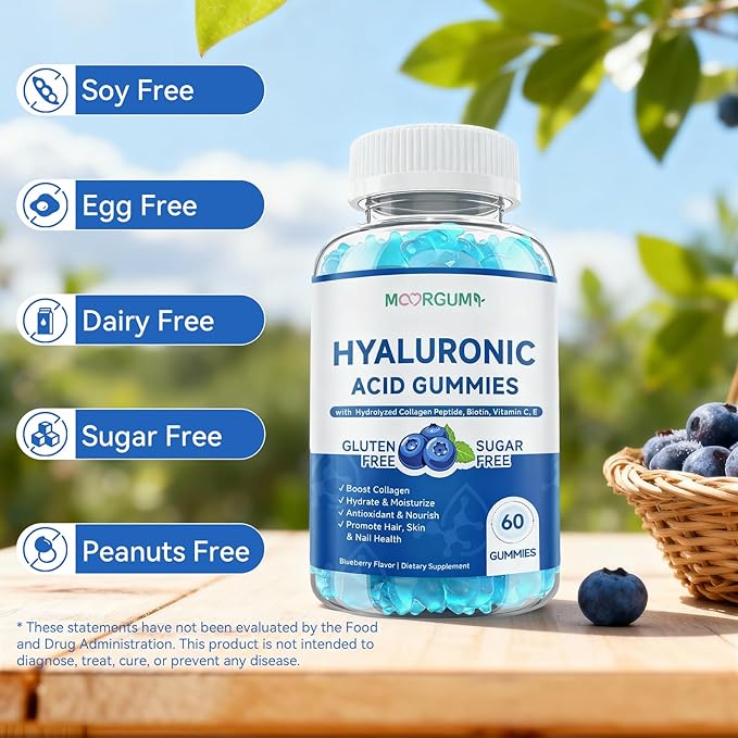 1000mg Hyaluronic Acid & Collagen Peptide Supplements with Biotin, Vitamins C & E - Hair Skin Nails Health Support for Men & Women, Blueberry Flavor, Gluten-Free 60 Gummies