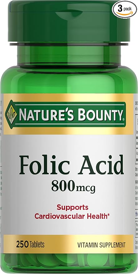Nature's Bounty Folic Acid Supplement, Supports Cardiovascular Health, 800mcg, 250 Tablets