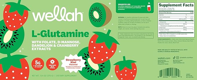 Wellah L-Glutamine Powder Strawberry Kiwi (50 Servings) - 5g L-Glutamine Per Serving, Sweetened with Stevia