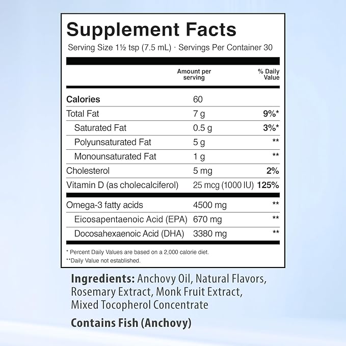 5X Ultimate Strength Omega 3 Fish Oil Liquid with Vitamin D, Burpless Liquid Fish Oil Supplements with High DHA and EPA Omega 3 Fatty Acid Supplements, 7.60 floz, Lemon Flavor