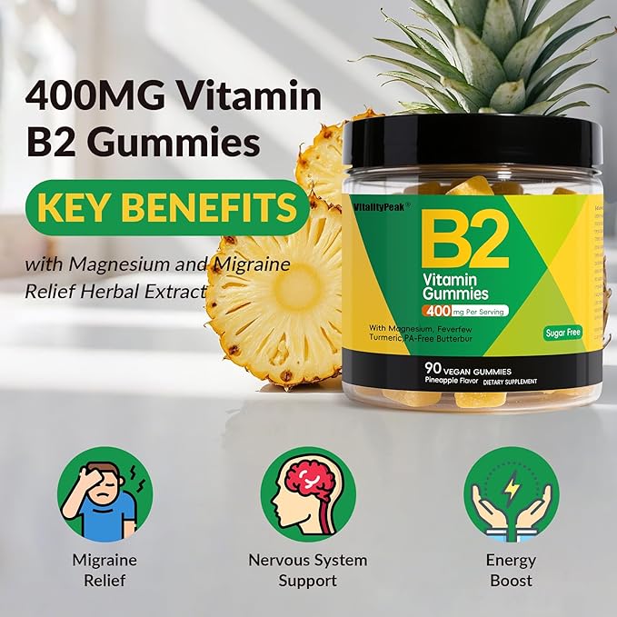Riboflavin Vitamin B2 Gummies 400mg for Adults & Kids | Migraine Supplement with Magnesium, Turmeric, Cayenne Pepper, Butterbur for Energy & Nervous Support | Vegan, Sugar Free, 90 Count