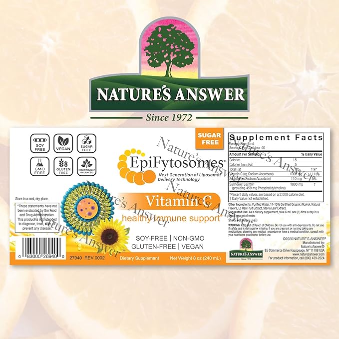 Liposomal Vitamin C Nature’s Answer EpiFytosomes Vitamin C 1,000 mg per Serving - Vegan Dietary Supplement - Soy Gluten Free Non GMO - Ideal for Healthy Immune Support - 6 mL (40 Servings per Bottle)