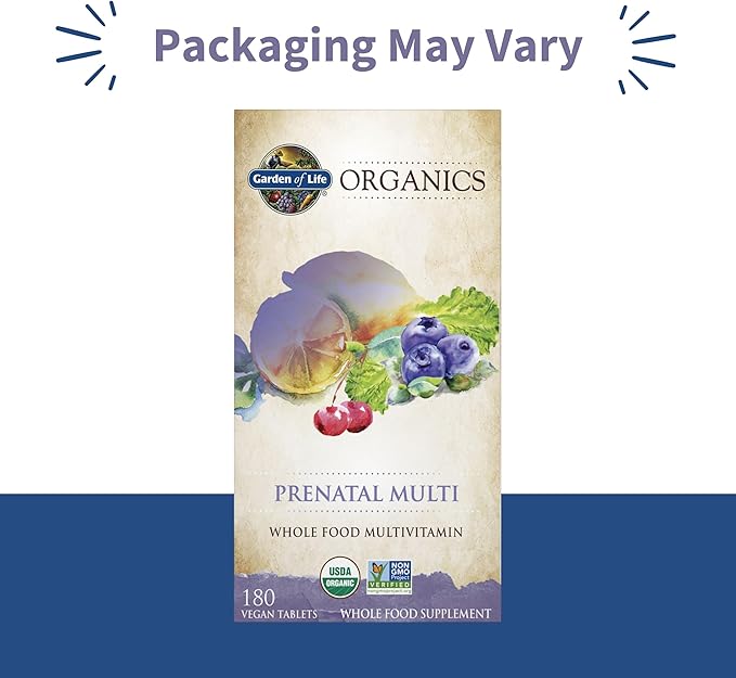 Garden of Life Organics Women’s Prenatal Multivitamin with Vitamin D3,B6,B12,C & Iron,Folate for Energy & Healthy Fetal Development – Organic,Non-GMO,Gluten-Free,Vegan,60 Day Supply,(Pack of 2)