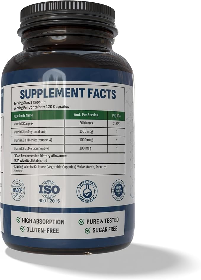 Vitamin K Complex (K1 + MK-4 + MK-7) – Advanced Triple-Form Vitamin K Formula for Maximum Bioavailability – Supports Calcium Utilization – Non-GMO, Gluten Free 120 Capsules