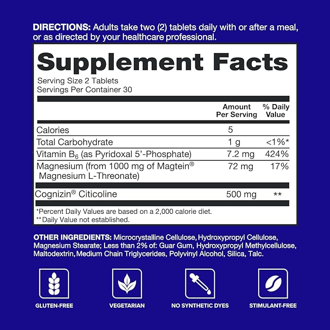 Qunol Brain Health Memory Plus with B6, Magnesium L-Threonate & Citicoline, Clinically Tested Ingredients to Improve Memory, Focus, Attention and Productivity, 60 Count (Pack of 1)