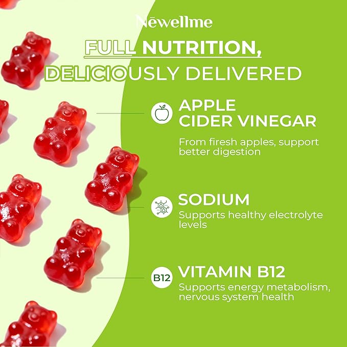 NEWELLME ACV Gummies with the Mother & B12 – Sugar-Free, Great-Tasting Vegan Gummies for Digestion, Metabolism & Daily Energy Support, 120 Count