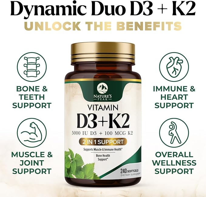 D3 K2 Vitamin - 5000 IU D3 Per Serving - High Potency Vitamin D3 Supplement - Advanced 2-in-1 Complex Vitamin D & Vitamin K2 (MK7) - Easy to Swallow, Bone & Immune Support - USA Bottled - 240 Softgels