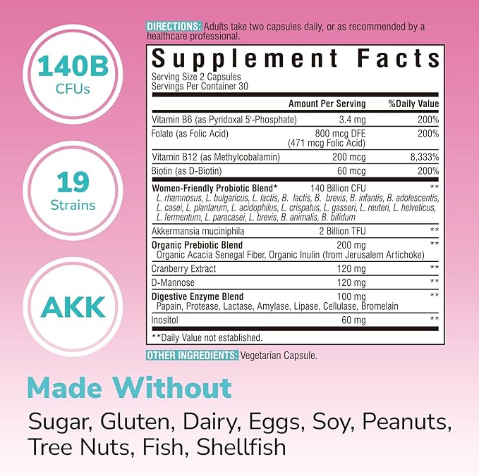 Women's Probiotic Plus, Akkermansia, 140 Billion CFU, 19 Strains with AKK, Vitamin B6, B9, B12, Biotin, Cranberry, D-Mannose, Gut, Vagina Health, 60 Vegetarian Caps