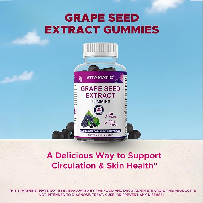 Vitamatic Grape Seed Extract Gummies – Plant-Based Botanical Extract – Natural Grape & Black Currant Flavor – Vegan, Non-GMO – Herbal Supplement – 60 Gummies