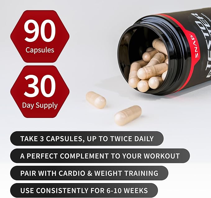 Snap Supplements Testosterone Booster for Men - Promotes Muscle Growth, Booster for Men, Enhancing Natural Energy, Stamina and Strength, 90 Capsules (30 Servings, 1 Month Supply)