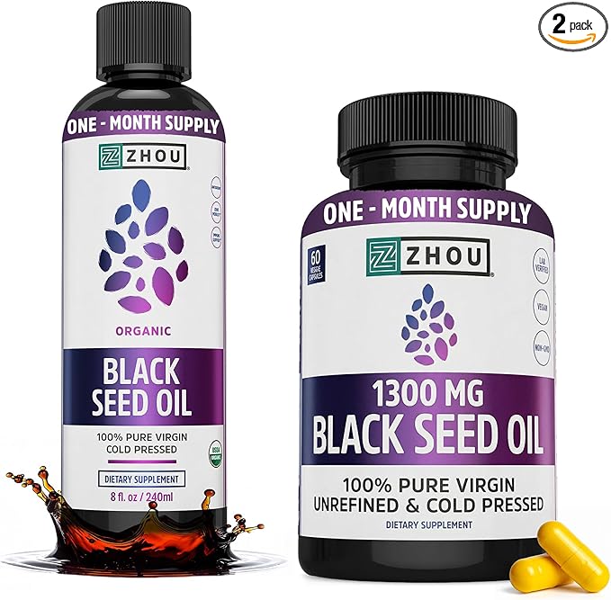 ZHOU Black Seed Oil & Capsules - Black Cumin Seed Oil Cold Pressed, Pure Unrefined Nigella Sativa, Premium Supplement for Health, Hair & Skin - 8 fl oz Bottle & 60 Capsules
