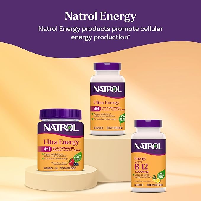 Natrol Ultra Energy 4-in-1 Blend 1000mcg B12, Vitamin B Complex, Vitamin D, CoQ10 Gummies 60 Ct, Vegetarian, Caffeine Free, Supports Cellular Energy Production